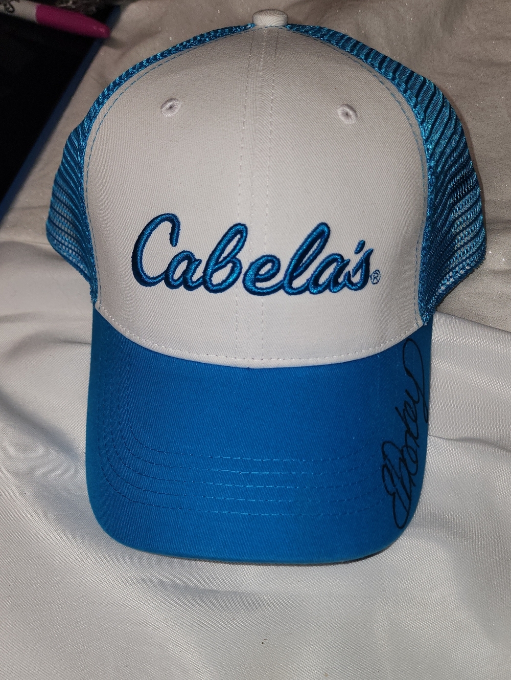 Signed Eva Shockey Cabela's White and Bright Blue Mesh Trucker Hat